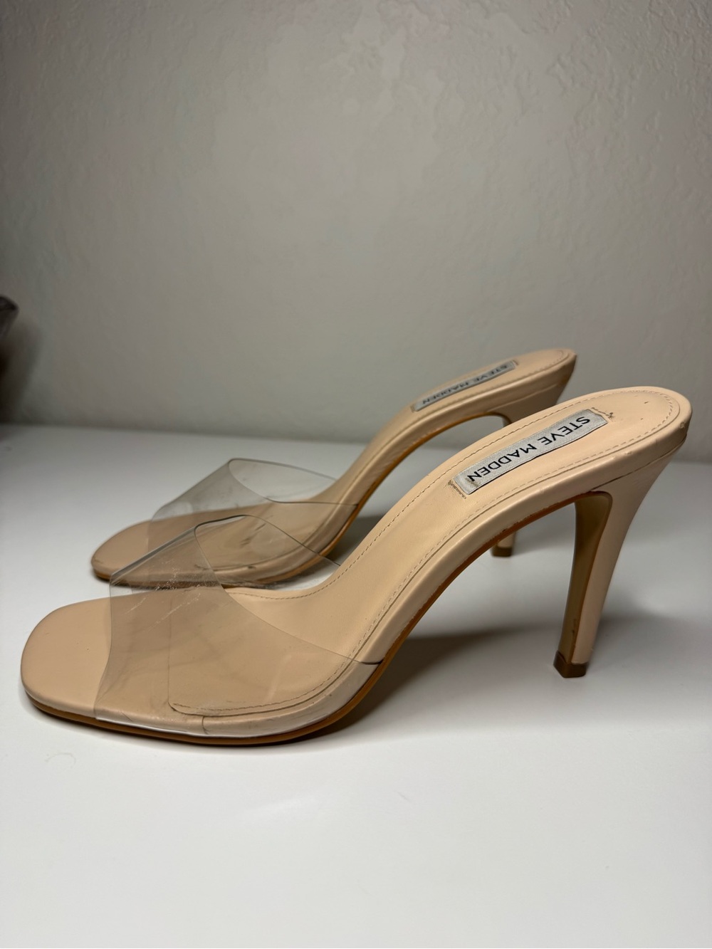 Steve Madden Beige Clear Strap Stiletto Mule